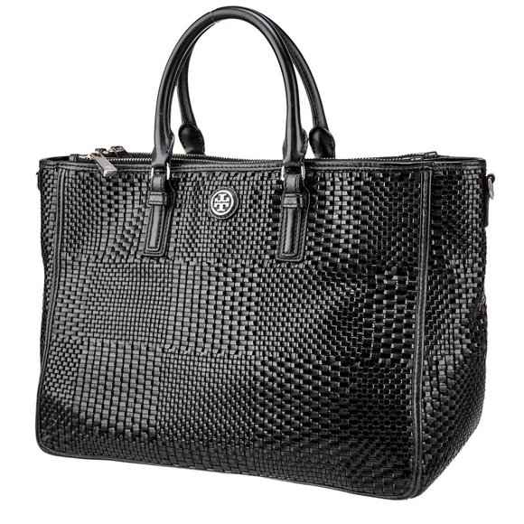 Tory Burch Robinson Black Tote Basketweave Saffiano Leather Large Handbag Bag NW - Picture 2 of 9